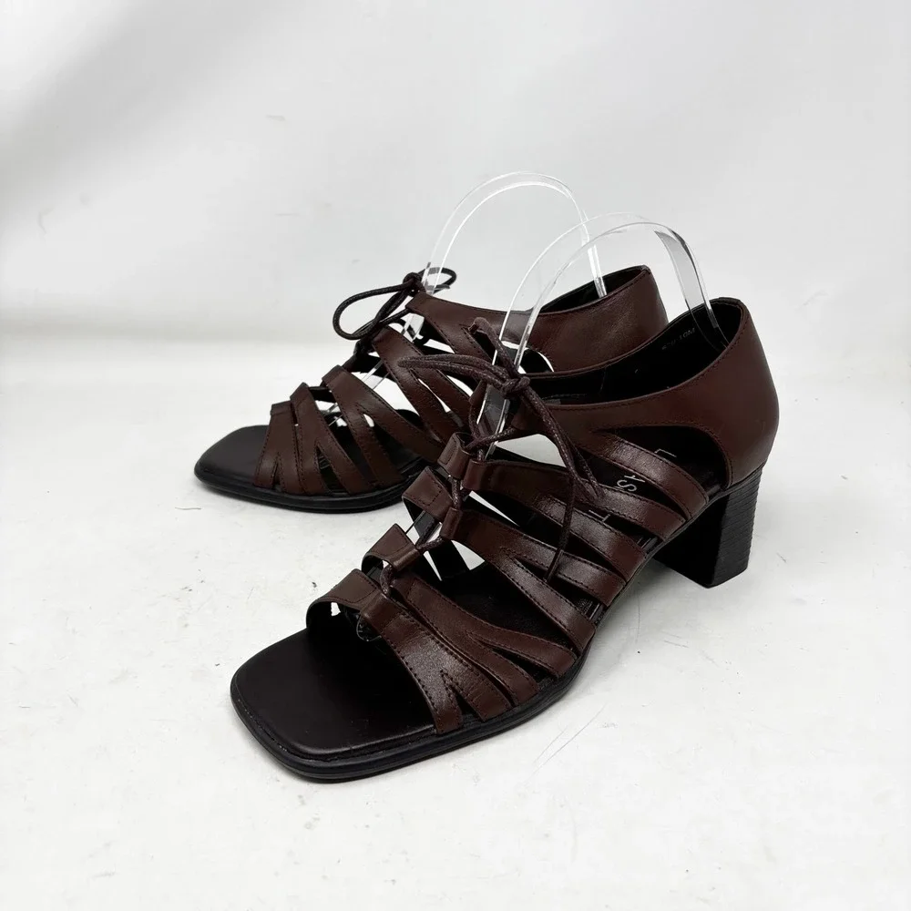 90s Laura Scott Jill Brown Leather Strappy Lace Up Block Heel Sandals Size 10M‎
